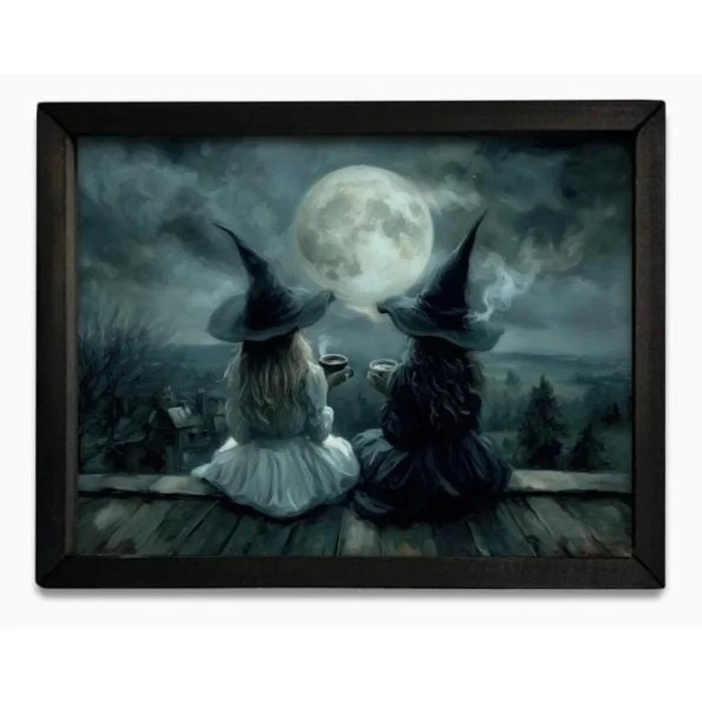 Coffee Witches Under Full Moon Box Frame Halloween Picture 12x16 Wall Decor NEW